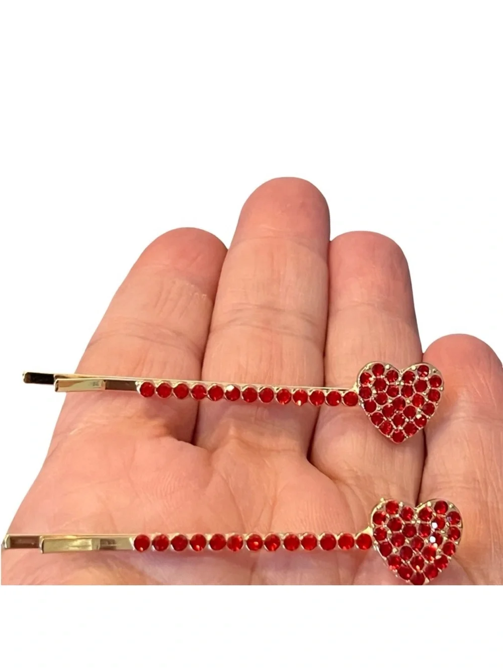 Red Crystal Rhinestone Heart Shape Gold Hair Clips approx 2.5”FINAL PRICE DROP